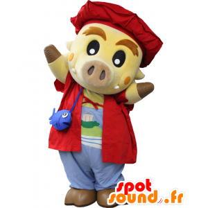 Mascotte de Inabou, cochon jaune, en tenue de touriste - MASFR26449 - Mascottes Yuru-Chara Japonaises