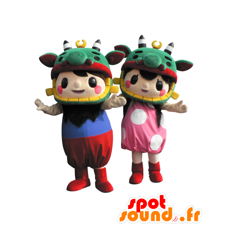 2 Maskottchen der Kinder in bunten Outfits und Drachen Hut - MASFR26496 - Yuru-Chara japanischen Maskottchen