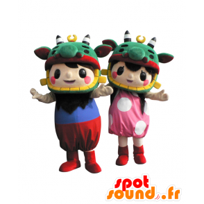 2 mascottes van kinderen in kleurrijke outfits en dragon cap - MASFR26496 - Yuru-Chara Japanse Mascottes