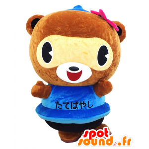 Mascotte de Pon-chan, marron et jaune, en robe bleue - MASFR26497 - Mascottes Yuru-Chara Japonaises