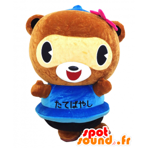 Mascota Pon-chan, marrón y amarillo, en un vestido azul - MASFR26497 - Yuru-Chara mascotas japonesas