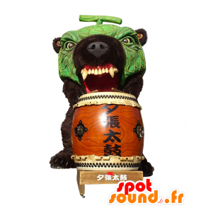 Mascot Mellon, πράσινο και μαύρο αρκουδάκι, με ένα τύμπανο - MASFR26506 - Yuru-Χαρά ιαπωνική Μασκότ