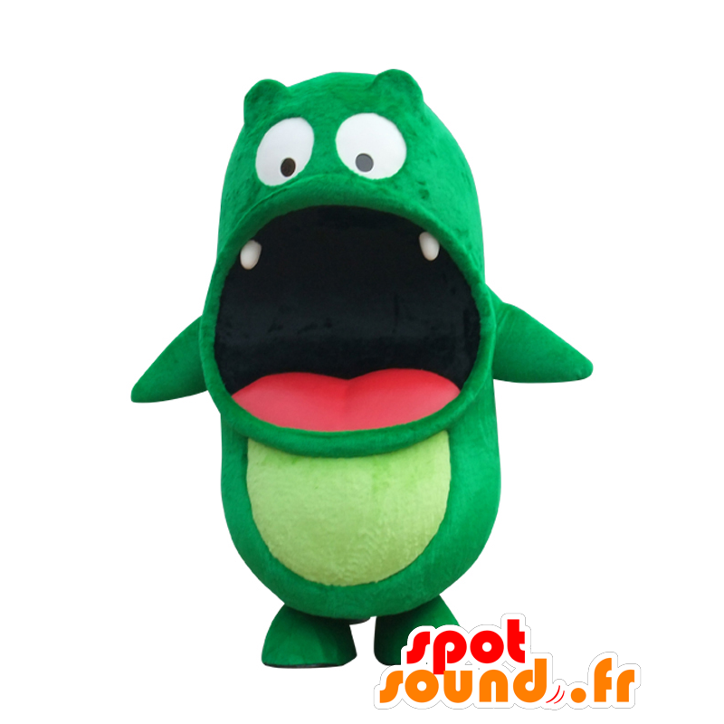 Puchibozaurusu maskot, grøn og rød monster med tænder -