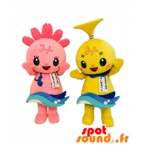 Mascot Shizuoka og Mishimaru lille gul og lyserød monster -