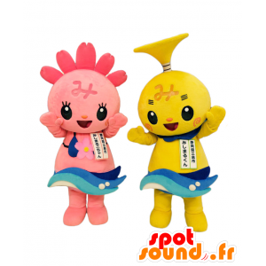 Maskot Shizuoka och Mishimaru lilla gula och rosa monster -