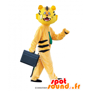 虎のマスコット、オレンジ色の虎、緑のネクタイが付いた茶色-MASFR26538-日本のゆるキャラのマスコット