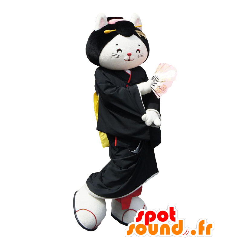 Mascotte de Mukaishima, chat noir et blanc, habillé d'un kimono - MASFR26541 - Mascottes Yuru-Chara Japonaises