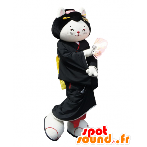 Mukaishima maskot, sort og hvid kat, klædt i en kimono -
