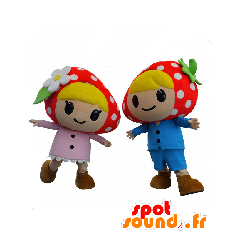 Marjastaa ja maskotit, kaksi mansikat, yksi vaaleanpunainen ja yksi sininen - MASFR26543 - Mascottes Yuru-Chara Japonaises