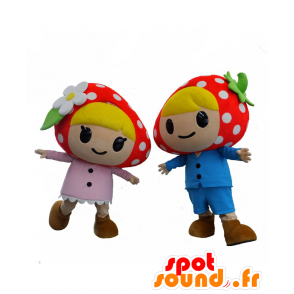 Mascots of Berry and Go, to jordbær, en lyserød og en blå -