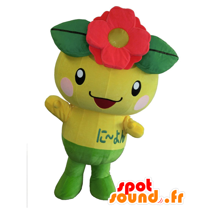 Mascotte de Niiyon, bonhomme jaune, avec une fleur rouge - MASFR26575 - Mascottes Yuru-Chara Japonaises