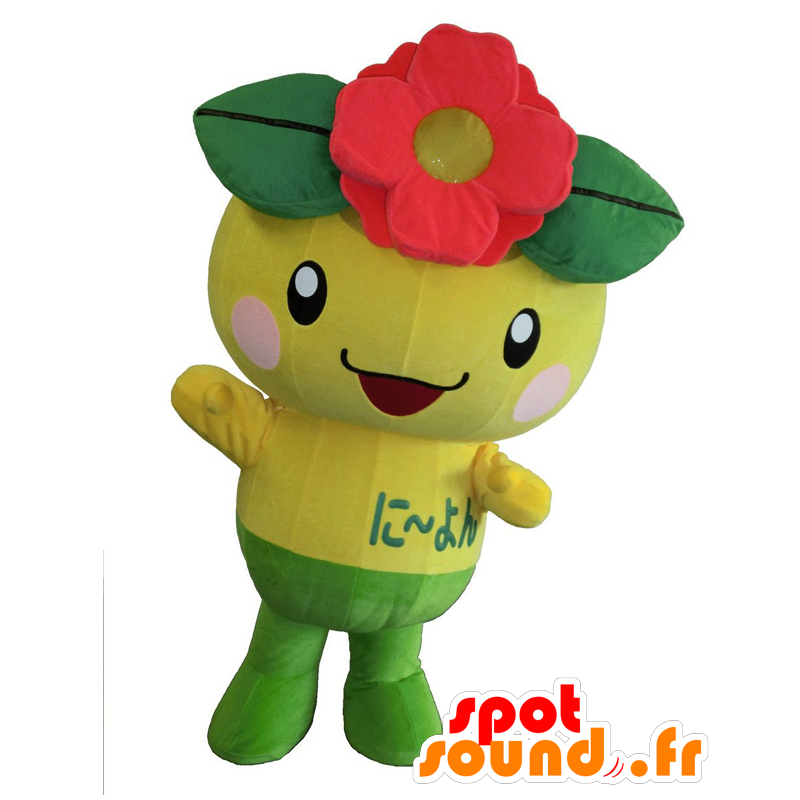 Mascot Niiyon, keltainen kaveri punainen kukka - MASFR26575 - Mascottes Yuru-Chara Japonaises