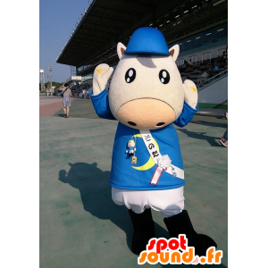 Mucca bianca mascotte vestita in blu - MASFR26597 - Yuru-Chara mascotte giapponese
