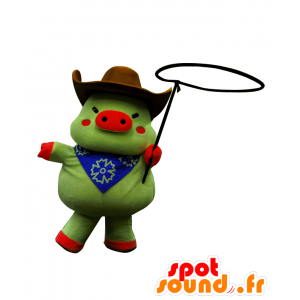 Mascot Kobe Weston, cerdo verde, vestido de vaquero - MASFR26602 - Yuru-Chara mascotas japonesas