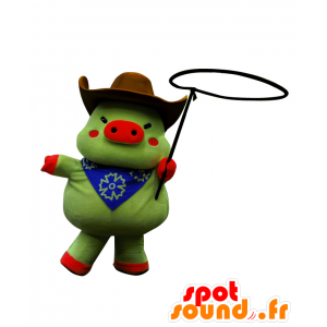 Mascot Kobe Weston, vihreä sika, pukeutunut cowboy - MASFR26602 - Mascottes Yuru-Chara Japonaises