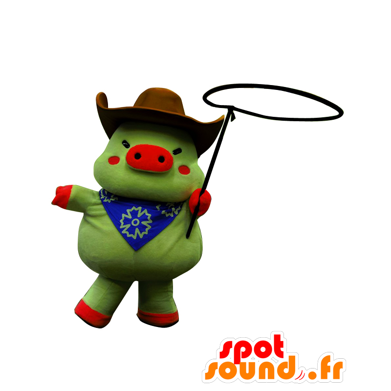 Mascot Kobe Weston, cerdo verde, vestido de vaquero - MASFR26602 - Yuru-Chara mascotas japonesas
