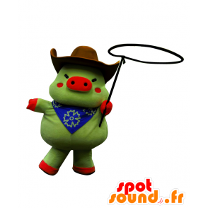 Mascot Kobe Weston, grün Schwein, in Cowboy gekleidet - MASFR26602 - Yuru-Chara japanischen Maskottchen