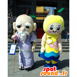 2 mascottes, un vieil homme et une pomme jaune - MASFR26609 - Mascottes Yuru-Chara Japonaises