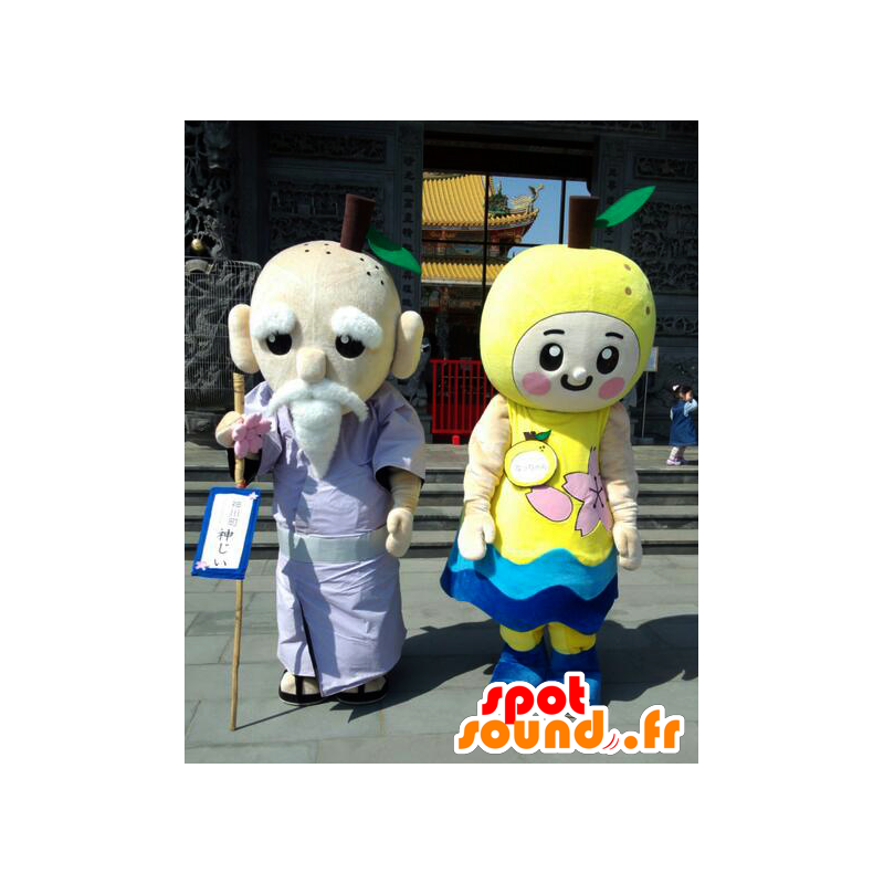 2 mascotte, un vecchio e una mela gialla - MASFR26609 - Yuru-Chara mascotte giapponese