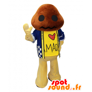 Mascotte de Matsushii, personnage marron et jaune, avec un gilet - MASFR26619 - Mascottes Yuru-Chara Japonaises