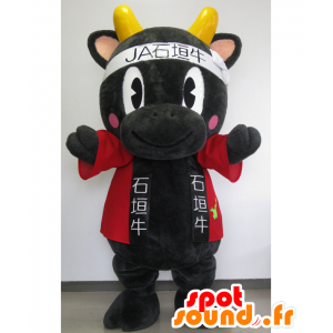 Mascot Yunta κουν, μαύρη αγελάδα, με ένα κιμονό - MASFR26624 - Yuru-Χαρά ιαπωνική Μασκότ