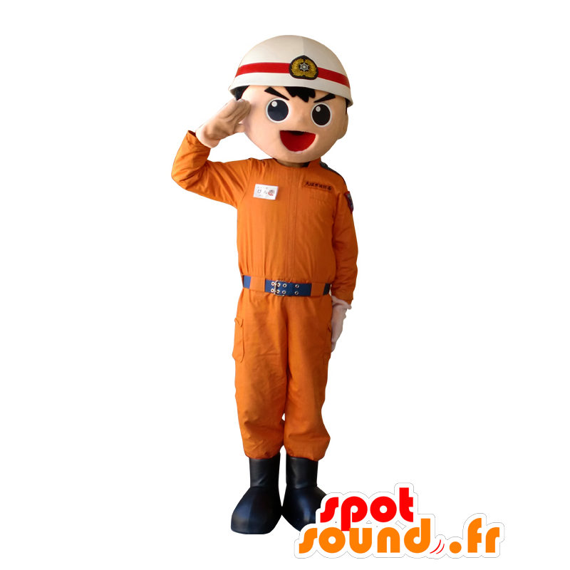 Satoshi-chan Maskottchen in orange Uniform Feuerwehrmann - MASFR26626 - Yuru-Chara japanischen Maskottchen