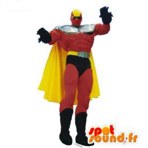 Mascot super helten rød, gul og svart