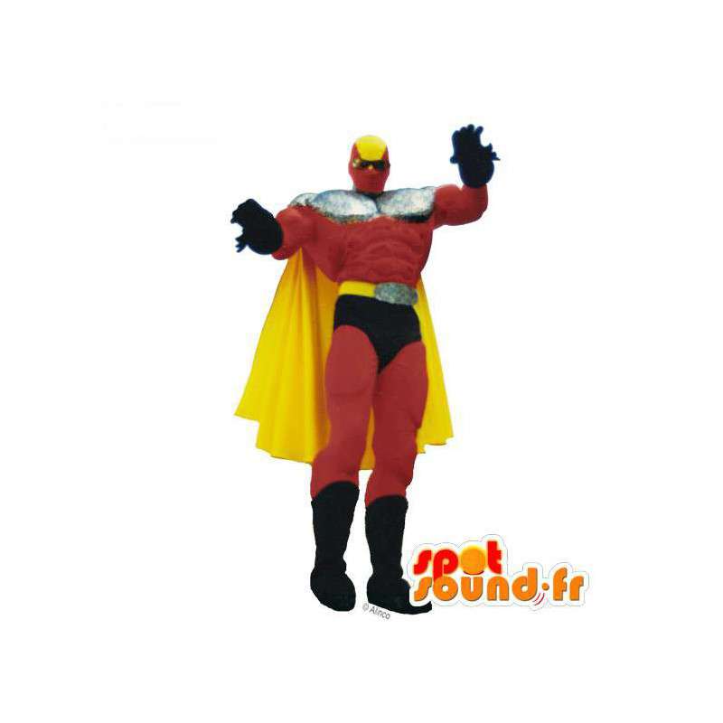Rød, gul og sort superheltmaskot - Spotsound maskot kostume