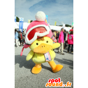 Mascota Kunio, pato amarillo y naranja con un pez gordo - MASFR26649 - Yuru-Chara mascotas japonesas