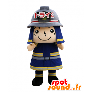 Mascot Brann Tri kun, uniform blå og gul brannmann - MASFR26664 - Yuru-Chara japanske Mascots