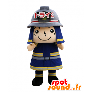 Mascot Fire Tri kun, uniform blauw en geel brandweerman - MASFR26664 - Yuru-Chara Japanse Mascottes