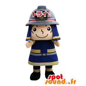 Mascot Brann Tri kun, uniform blå og gul brannmann - MASFR26664 - Yuru-Chara japanske Mascots