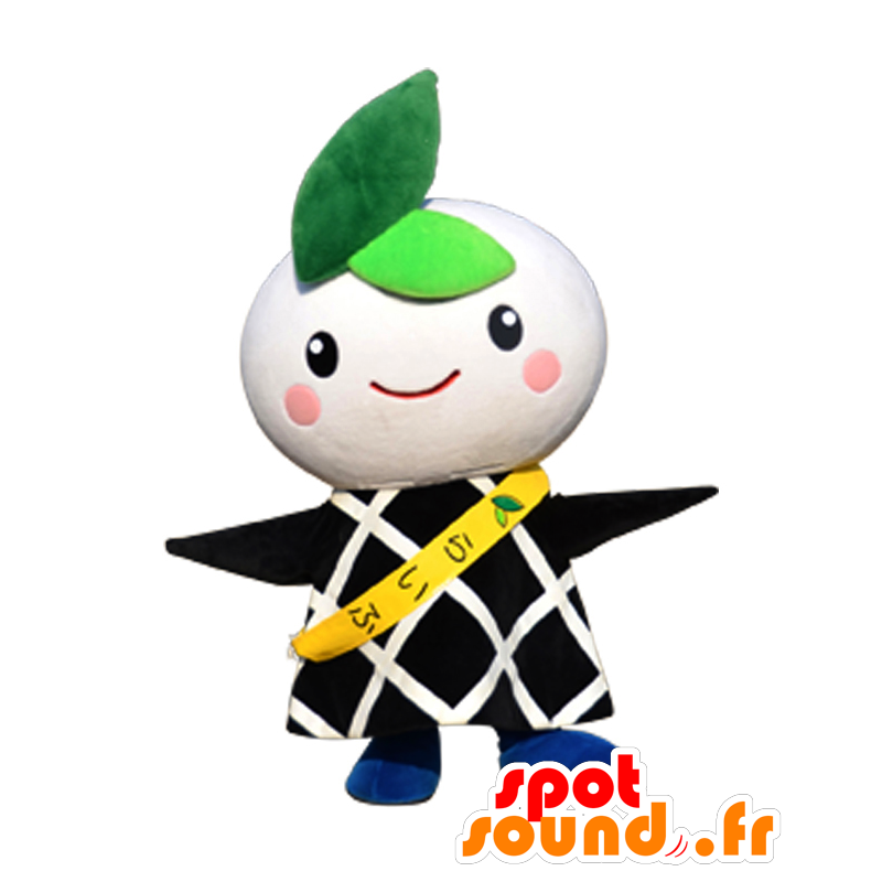 Mascotte de Kurashiki, bonhomme blanc et noir, avec des feuilles - MASFR26670 - Mascottes Yuru-Chara Japonaises