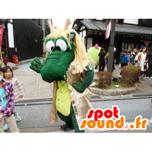 Maskot Dračí král, zelené a žluté krokodýl, velmi vtipné - MASFR26702 - Yuru-Chara japonské Maskoti