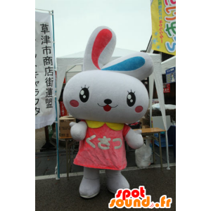 Mascot Grass Pyong, big white rabbit, blue and pink - MASFR26712 - Yuru-Chara Japanese mascots