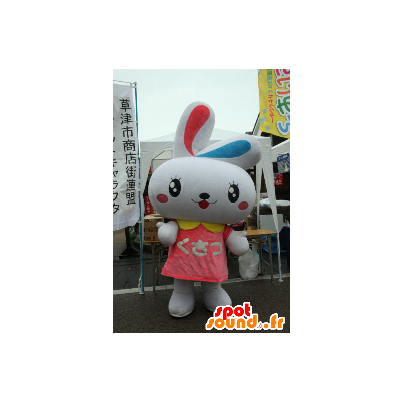 Mascotte d'Herbe Pyong, de gros lapin blanc, bleu et rose - MASFR26712 - Mascottes Yuru-Chara Japonaises