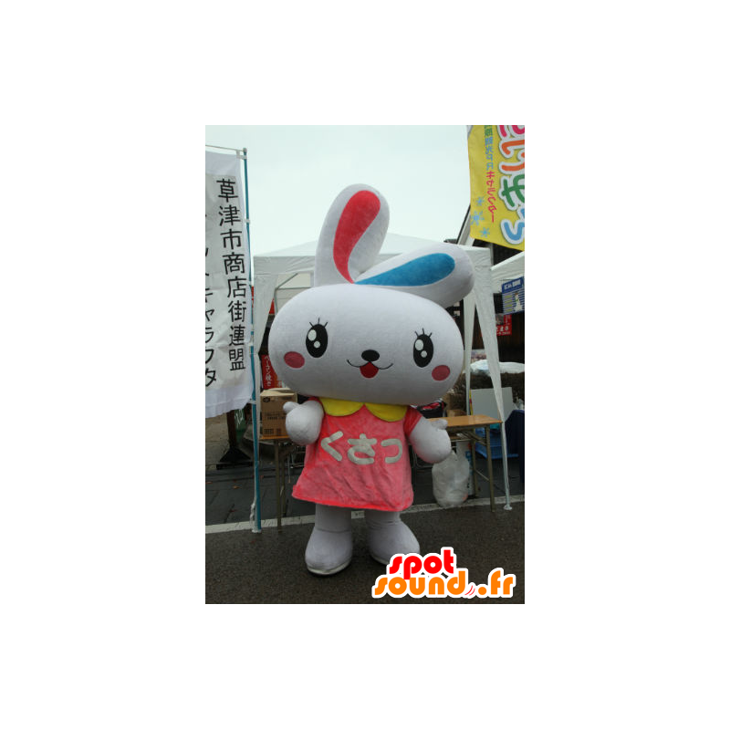 Mascot Grass Pyong, iso valkoinen kani, sininen ja vaaleanpunainen - MASFR26712 - Mascottes Yuru-Chara Japonaises