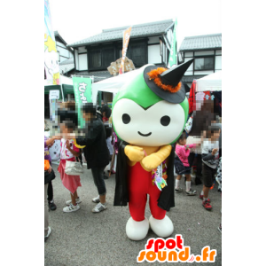 Mascotte de Choruru, bonhomme vert et blanc, en tenue rouge - MASFR26718 - Mascottes Yuru-Chara Japonaises