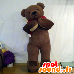 Mascot Cinnamon, brown teddy bear with a red scarf - MASFR26726 - Yuru-Chara Japanese mascots