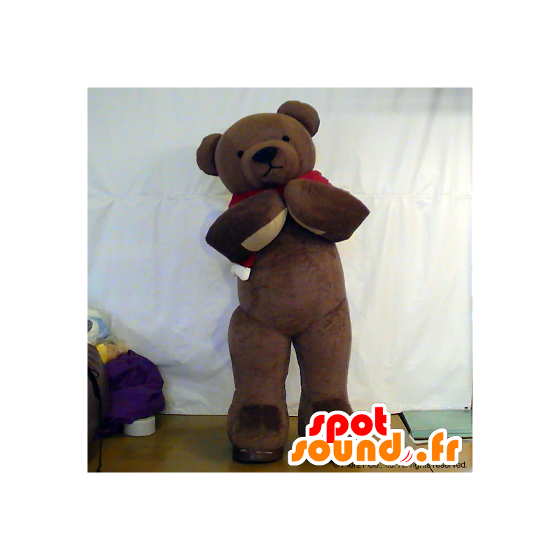 Mascot Cinnamon, brown teddy bear with a red scarf - MASFR26726 - Yuru-Chara Japanese mascots