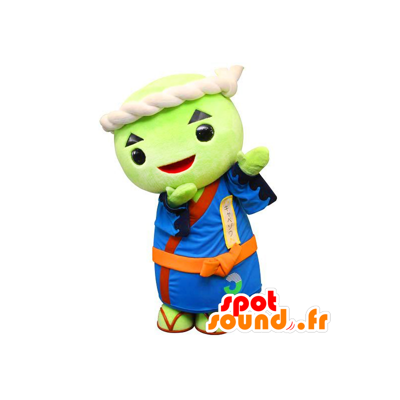 Mascotte de Kyabezou, bonhomme vert avec un kimono bleu - MASFR26750 - Mascottes Yuru-Chara Japonaises