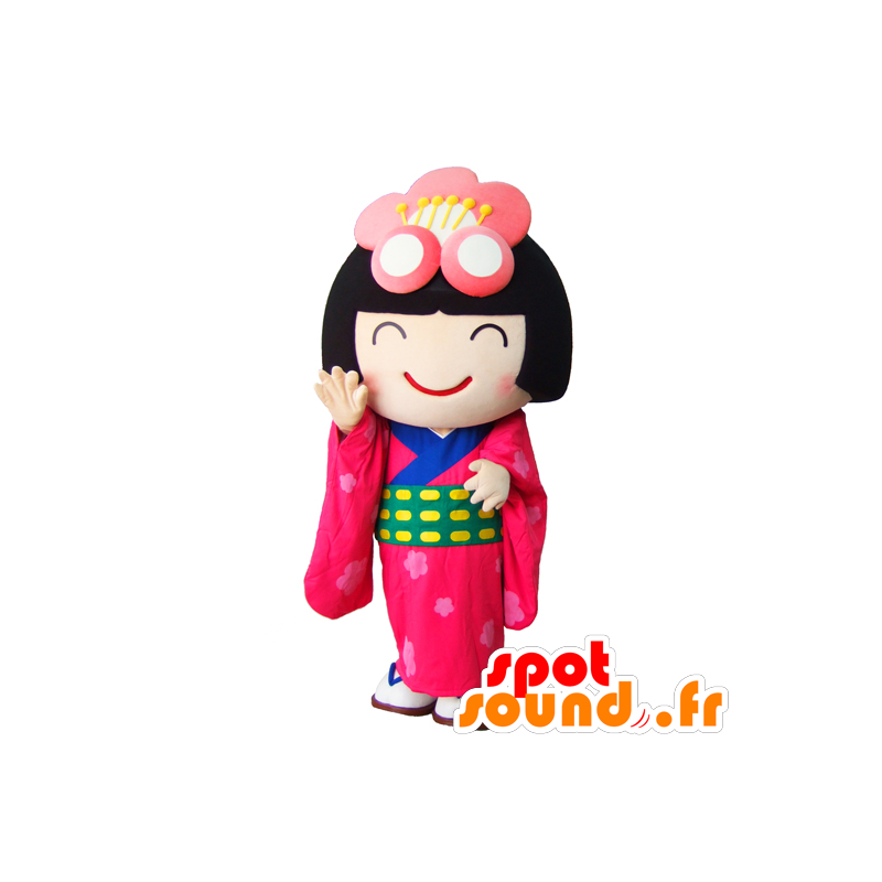 Mascot Umeko, ruskea tyttö perinteisessä asussa vaaleanpunainen - MASFR26766 - Mascottes Yuru-Chara Japonaises