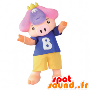 Mascota Shobu, cerdo rosado, pantalones cortos y una camiseta - MASFR26773 - Yuru-Chara mascotas japonesas