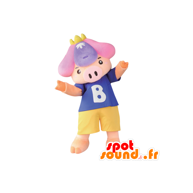 Mascot Shobu, porco cor de rosa, vestindo shorts e uma t-shirt - MASFR26773 - Yuru-Chara Mascotes japoneses