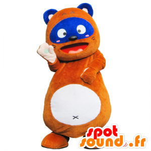 Maskot Ponta, brun björn, vit och blå - Spotsound maskot