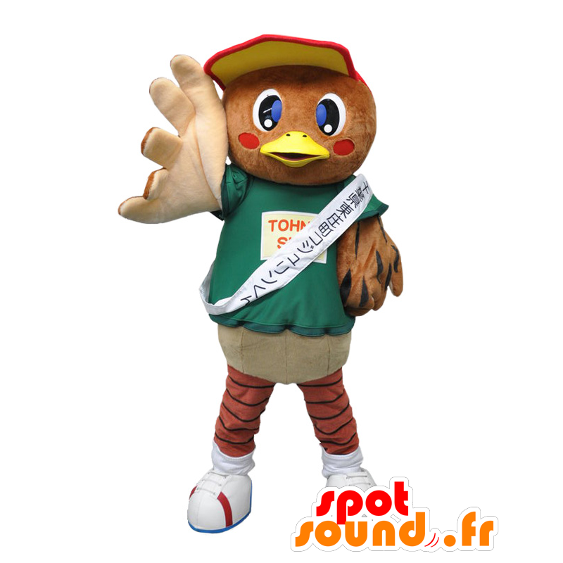 Mascot Kojurin kun, hnědý vrabec, zelené a béžové, obří - MASFR26829 - Yuru-Chara japonské Maskoti