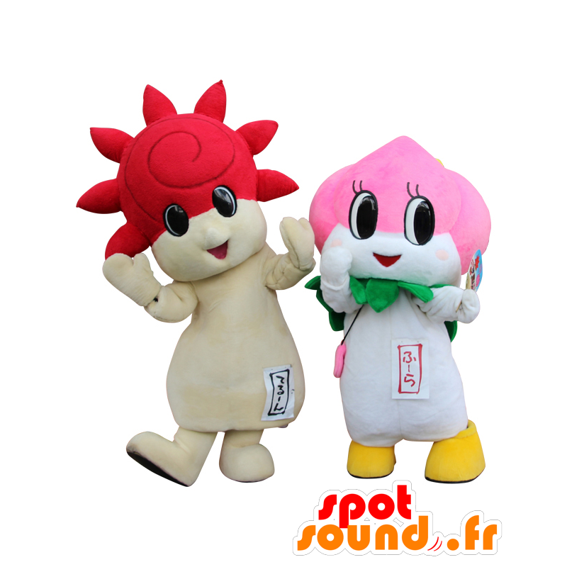 Maskoter Te Rune og Hula, en rød sol og en blomst - MASFR26832 - Yuru-Chara japanske Mascots