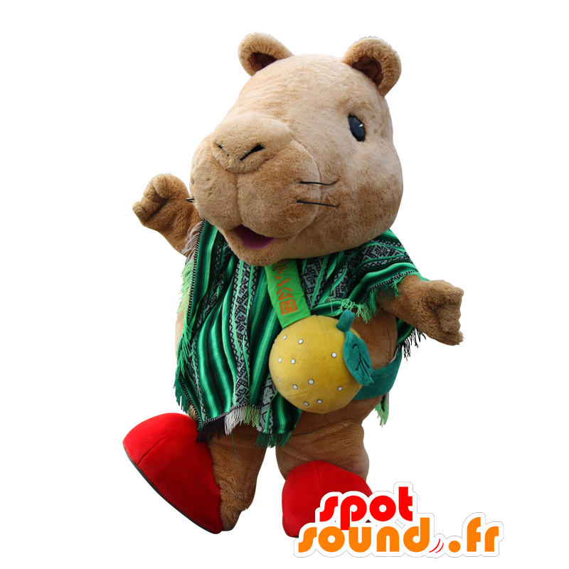Mascotte de Kapiba, cochon d'Inde marron avec un poncho vert - MASFR26833 - Mascottes Yuru-Chara Japonaises