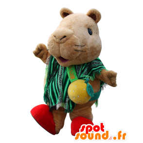 Mascotte de Kapiba, cochon d'Inde marron avec un poncho vert - MASFR26833 - Mascottes Yuru-Chara Japonaises