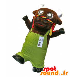Kotaro mascotte, bella mucca marrone con una tuta verde - MASFR26861 - Yuru-Chara mascotte giapponese
